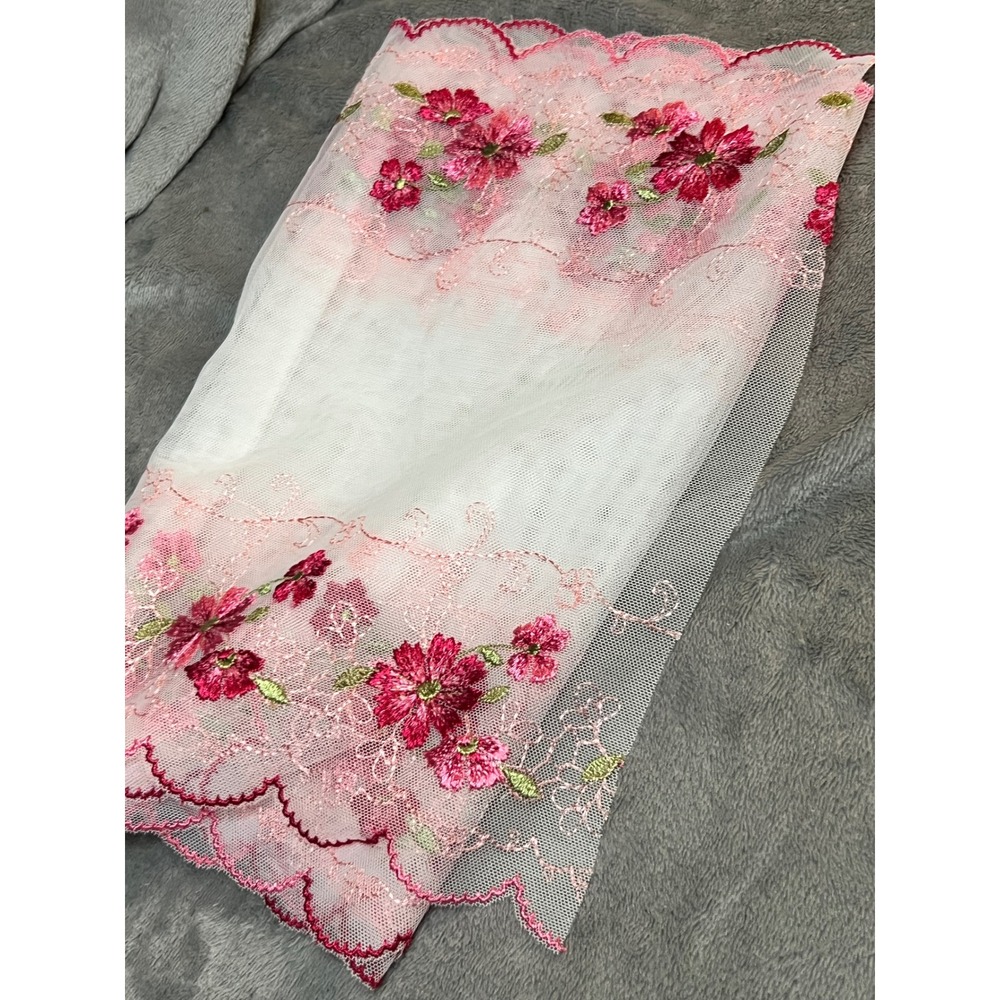 Vintage Floral Embroidered Lace Table appliqué  78" Pink Cottagecore Scalloped